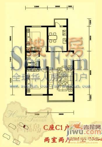 幸福岛1室2厅1卫54.8㎡户型图