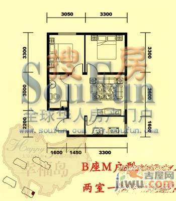 幸福岛1室2厅1卫54.8㎡户型图