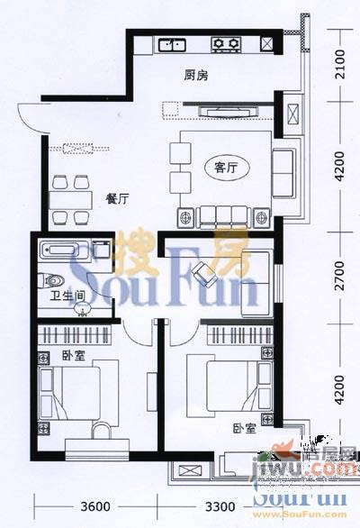 千缘爱城2室1厅1卫102.2㎡户型图