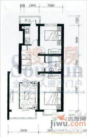 江南春城B区2室2厅1卫58㎡户型图