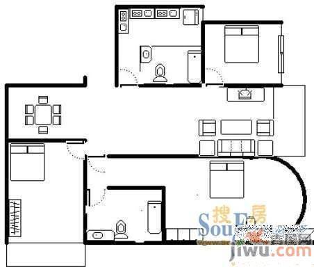 江南春城B区2室2厅1卫58㎡户型图