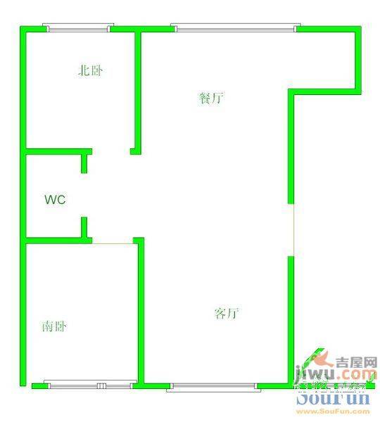 江南春城B区2室2厅1卫58㎡户型图