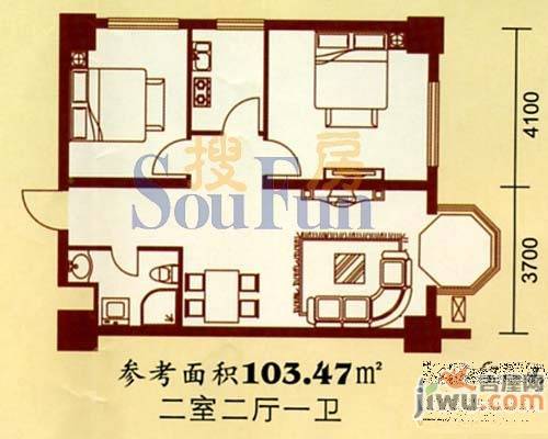 中海国际公寓2室2厅1卫103.3㎡户型图