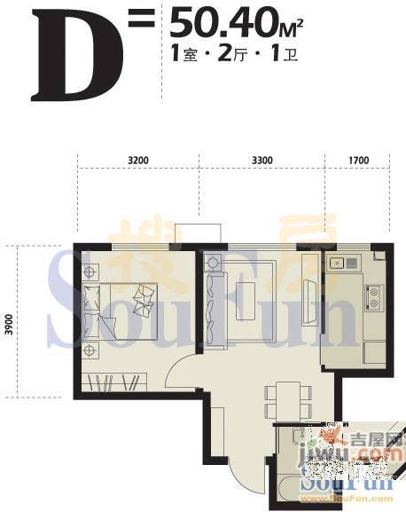 博客地带1室2厅1卫66.6㎡户型图