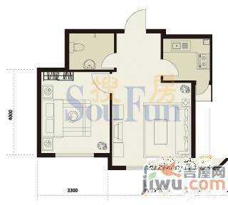 博客地带1室2厅1卫66.6㎡户型图