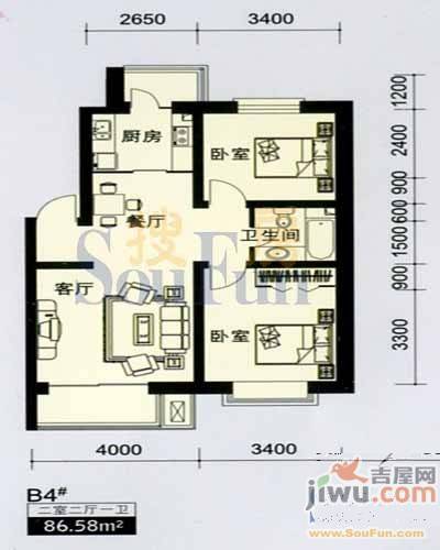 风华时代2室2厅1卫87.8㎡户型图