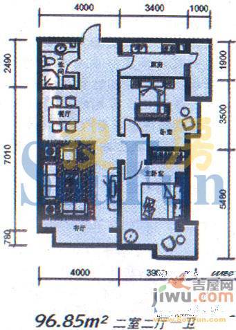 风华时代2室2厅1卫87.8㎡户型图