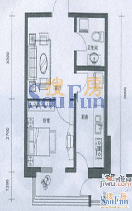 宏城苹果洋房1室1厅1卫39.2㎡户型图