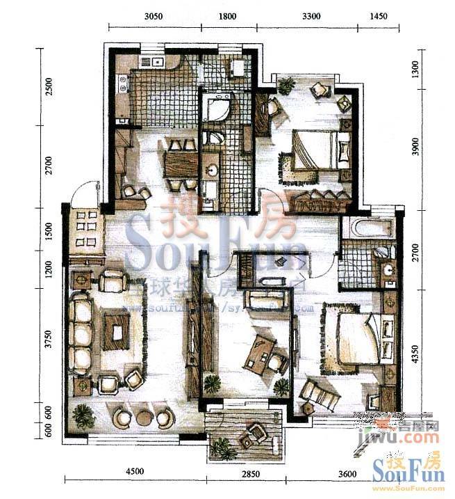 中央公馆2室2厅1卫110㎡户型图