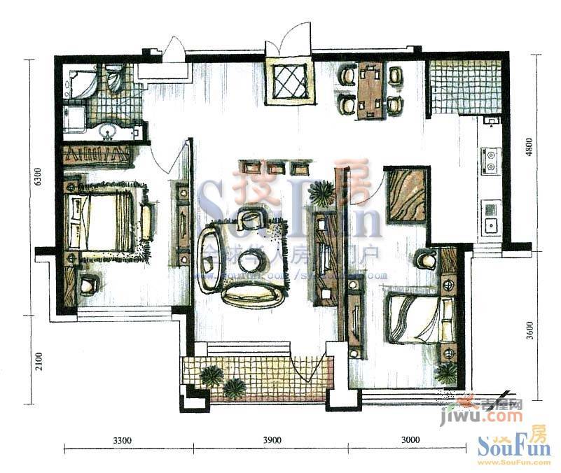 中央公馆2室2厅1卫110㎡户型图