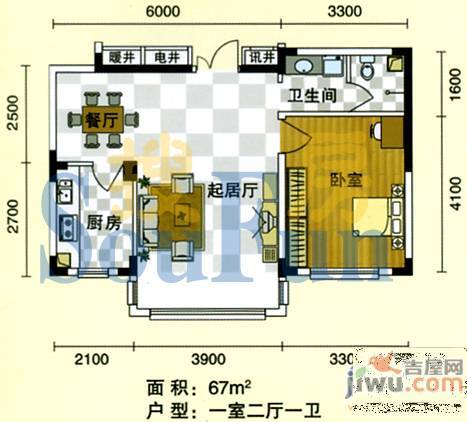 兰庭园1室2厅1卫67㎡户型图