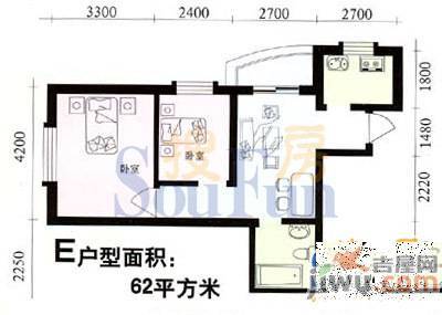 浩天墅明花园2室1厅1卫62㎡户型图