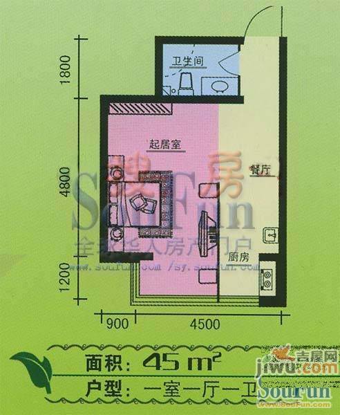 俪华精舍1室1厅1卫42.9㎡户型图