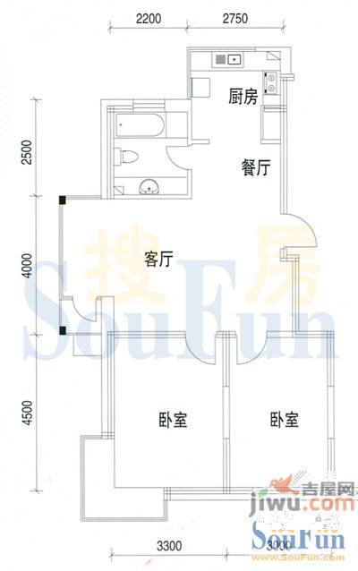 筑景新光2室2厅1卫76.8㎡户型图