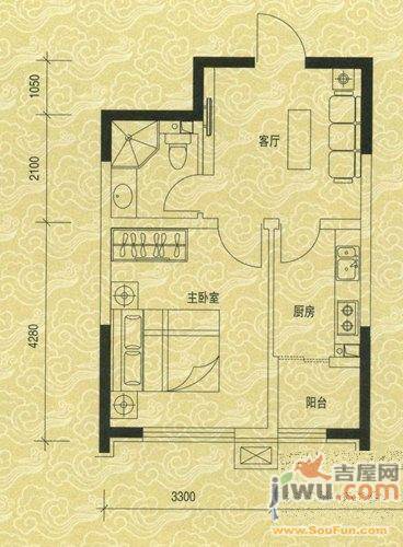 良城美景1室1厅1卫45.6㎡户型图