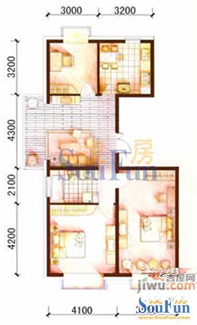 中润国际大厦3室2厅1卫124.3㎡户型图