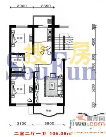 鑫丰金园2室2厅1卫103.3㎡户型图