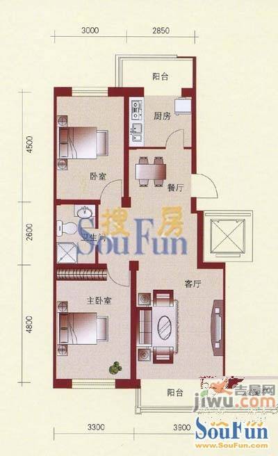 宏发国际名城2室2厅1卫87.7㎡户型图