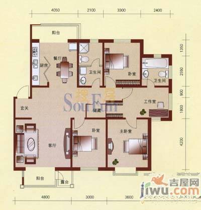 宏发国际名城2室2厅1卫87.7㎡户型图