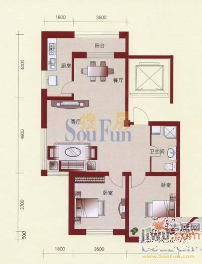 宏发国际名城2室2厅1卫87.7㎡户型图