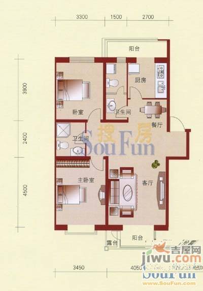 宏发国际名城2室2厅1卫87.7㎡户型图