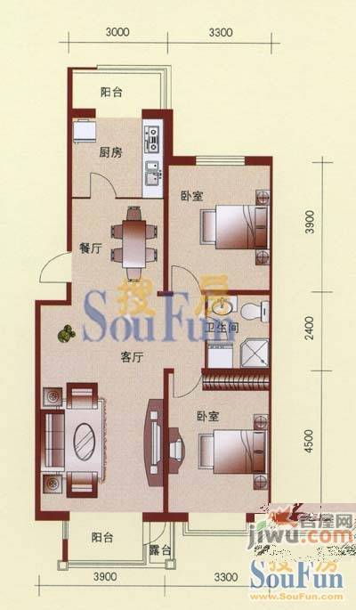 宏发国际名城2室2厅1卫87.7㎡户型图