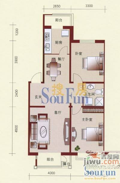 宏发国际名城2室2厅1卫87.7㎡户型图