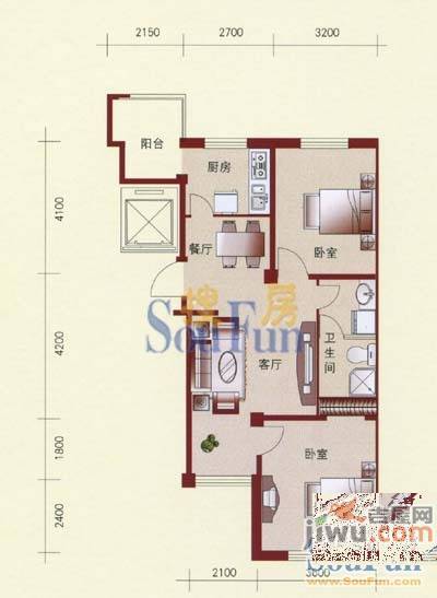 宏发国际名城2室2厅1卫87.7㎡户型图