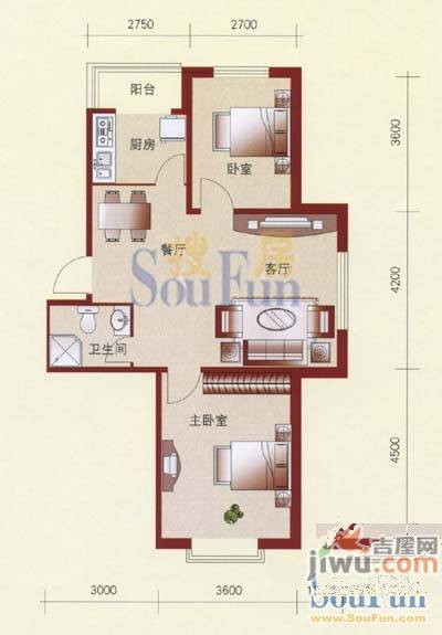 宏发国际名城2室2厅1卫87.7㎡户型图