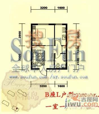 幸福岛1室2厅1卫54.8㎡户型图