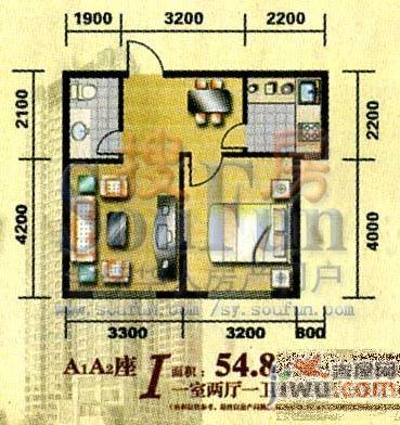 幸福岛1室2厅1卫54.8㎡户型图