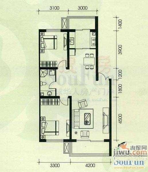 艺格春天2室2厅1卫100.7㎡户型图