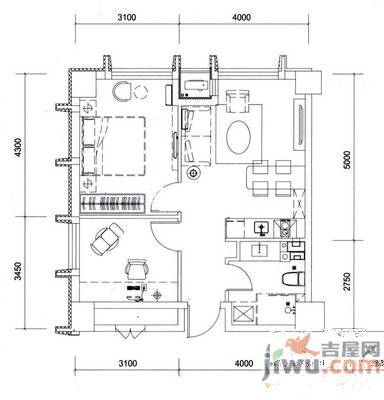 建大四小区1室1厅1卫47㎡户型图