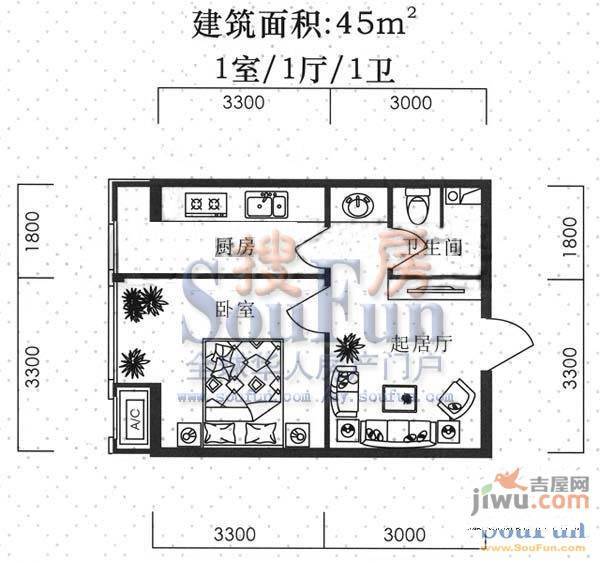 罗曼春天1室1厅1卫48㎡户型图