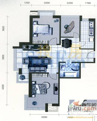 青城1室2厅1卫57.7㎡户型图