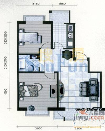 青城1室2厅1卫57.7㎡户型图