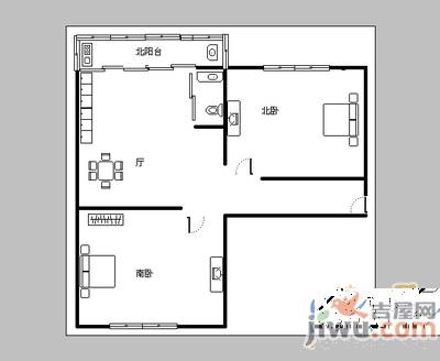 泉园二区2室1厅1卫60㎡户型图