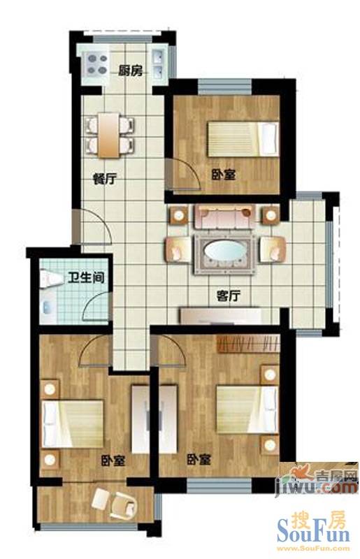 新水湾河畔花园3室2厅1卫93.6㎡户型图