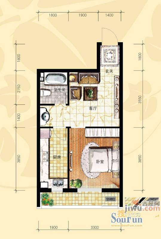 格林常青藤1室1厅1卫52㎡户型图