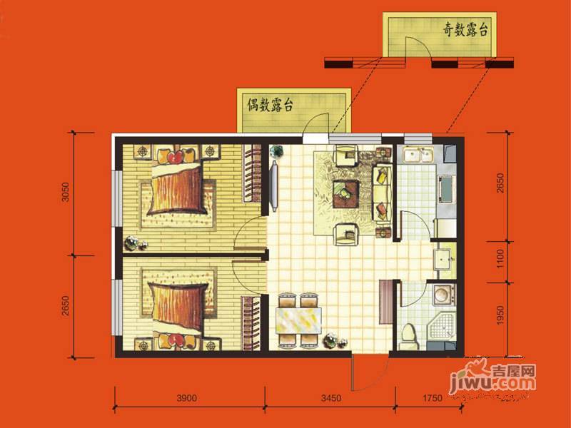 华府丹郡悦湖2室2厅1卫69㎡户型图