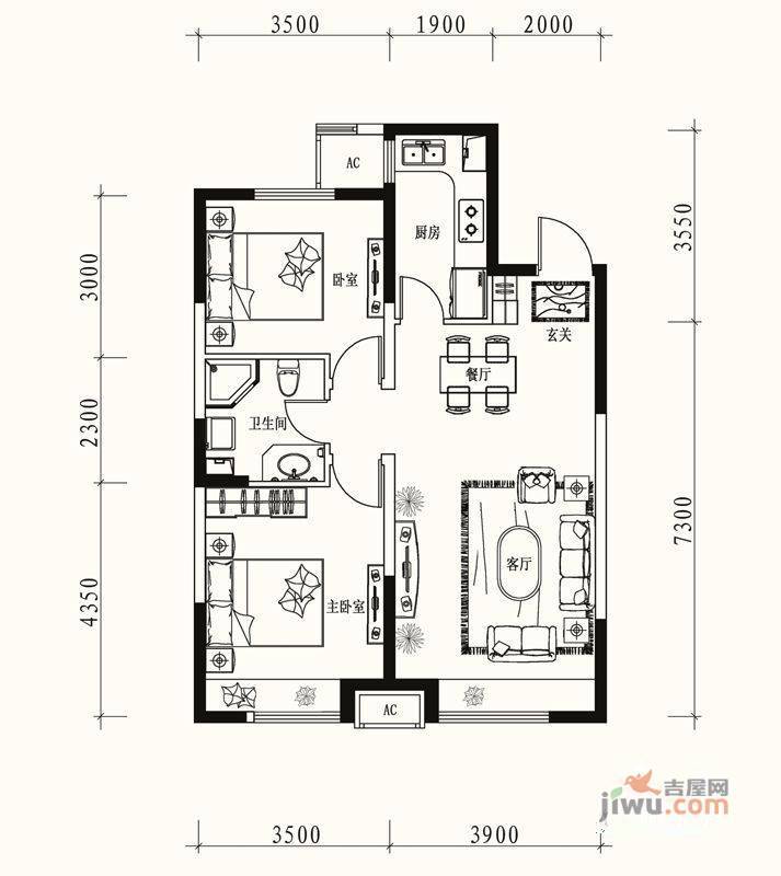 华润·橡树湾2室2厅1卫86㎡户型图