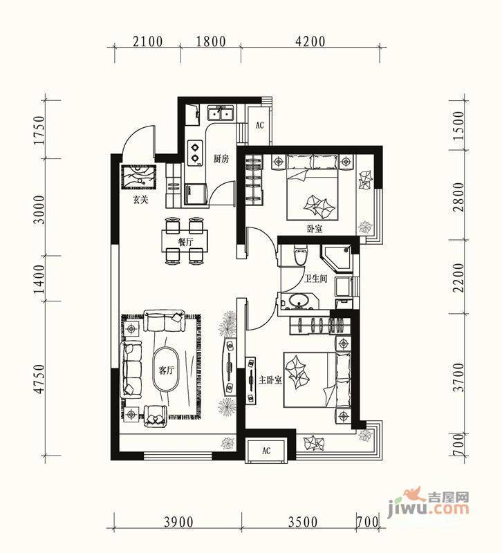 华润·橡树湾2室2厅1卫87㎡户型图