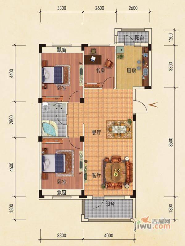 澳海西湖印象3室2厅1卫103㎡户型图