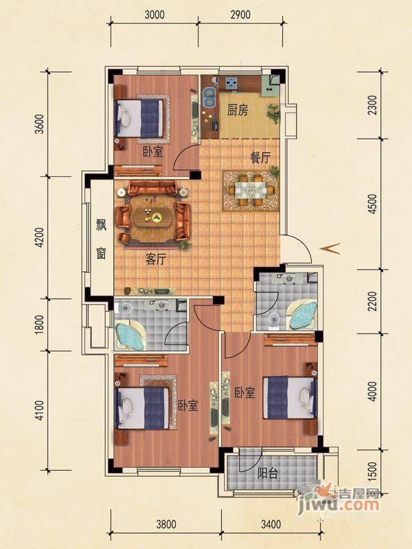 澳海西湖印象3室2厅1卫105㎡户型图