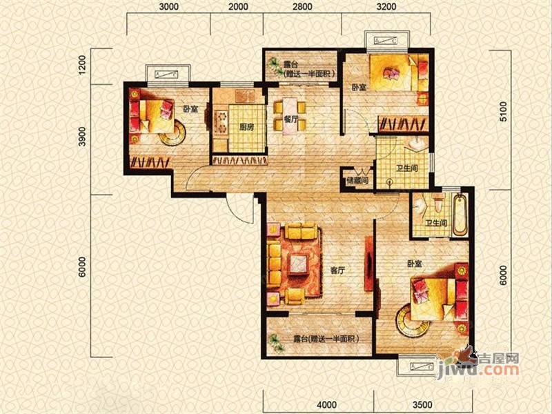 富兴湖畔欣城3室2厅2卫106.4㎡户型图