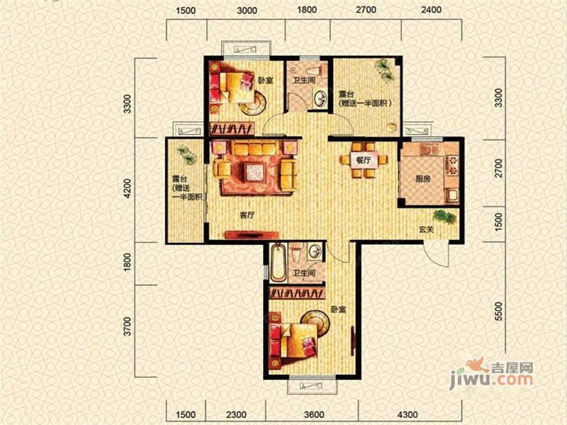 富兴湖畔欣城2室2厅2卫102.3㎡户型图