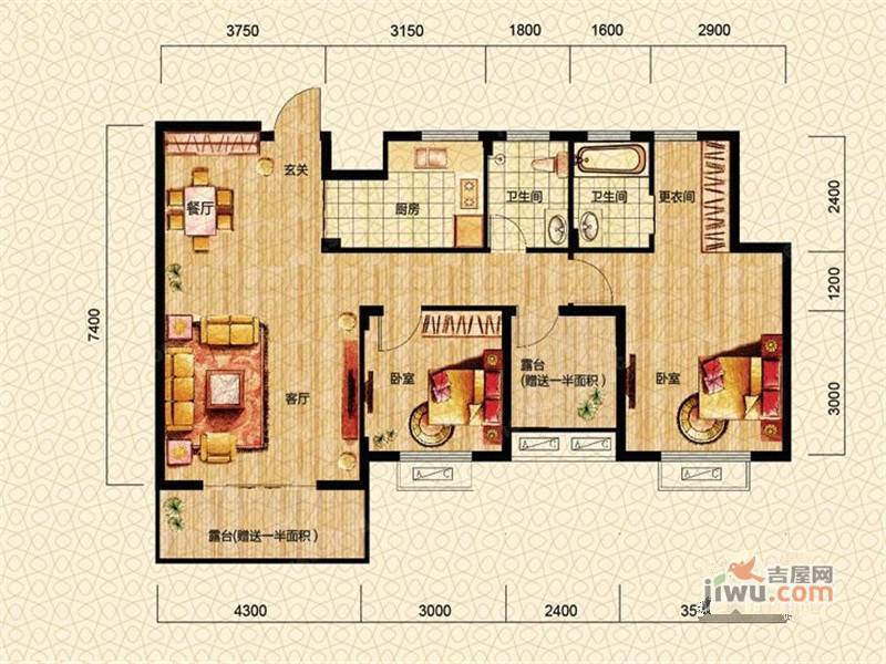 富兴湖畔欣城2室2厅2卫102.7㎡户型图