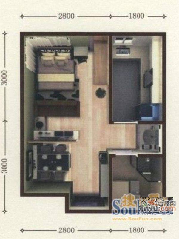 富润阳光1室1厅1卫37.4㎡户型图