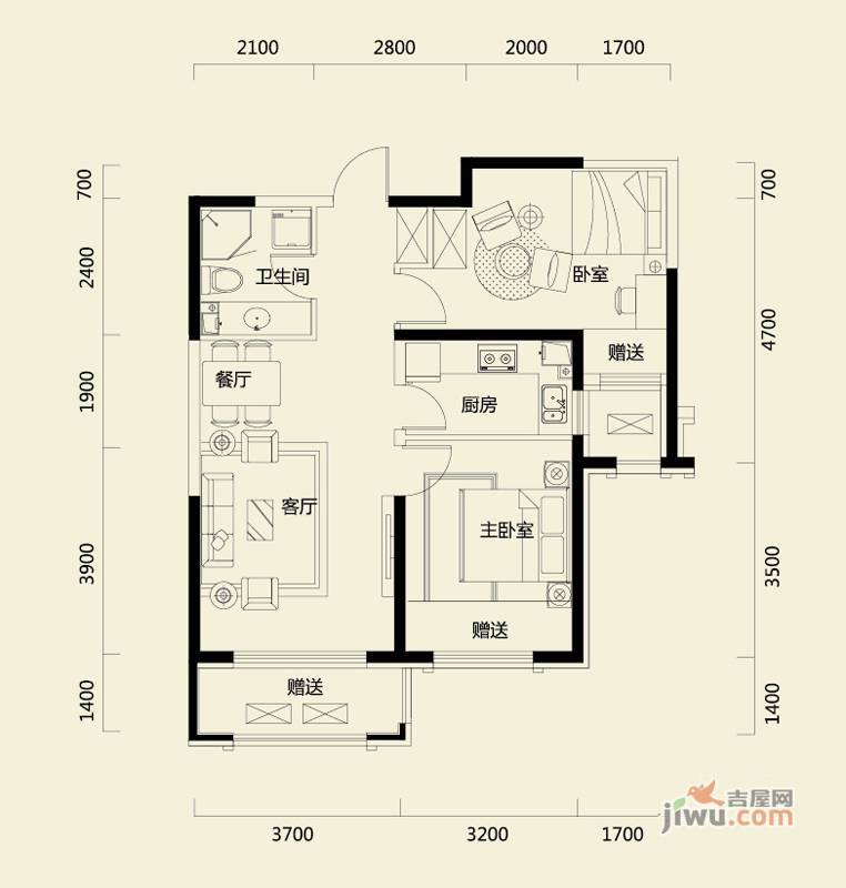 郡原美村2室2厅1卫79.2㎡户型图