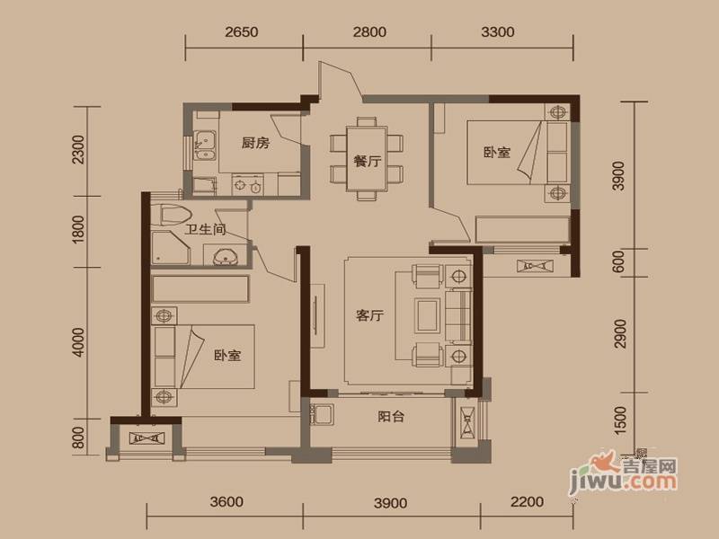 绿地中央广场2室2厅1卫88㎡户型图